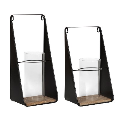 Black and Natural Wood Wall Sconce Set with Glass Chimney