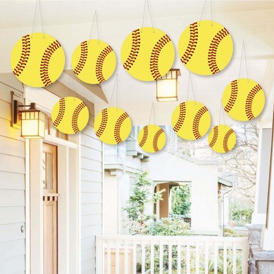 Big Dot of Happiness Hanging Grand Slam - Fastpitch Softball - Outdoor Hanging Decor - Baby Shower or Birthday Party Decorations - 10 Pieces