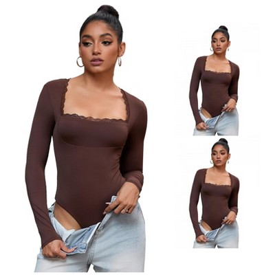 INSPIRE CHIC 3 Pcs Women's Lace Square Neck Long Sleeve Tummy Control Body Shapers