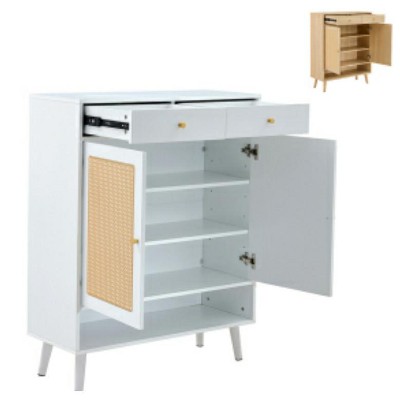 Retro-Style Rattan-Pattern Shoe Cabinet Wood-Grain Texture Fresh Design Essential Entryway Storage Furniture
