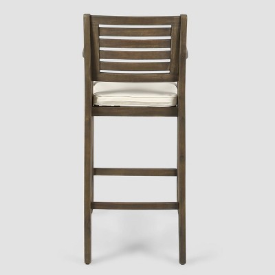 Gray Acacia Wood Barstools with Cream Cushions, Set of 2