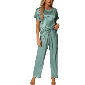 cheibear Women's Satin Summer Short Sleeves Sleepshirt with Pants Lounge Pajamas Sets - 1 of 4