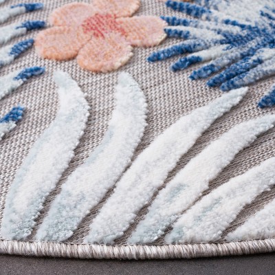 Gray and Navy Floral Round Synthetic Indoor/Outdoor Rug