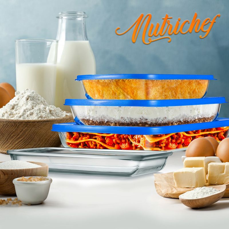 NutriChef 4 Sets Glass Bakeware - High Borosilicate Rectangular Glass Baking Dish w/ Blue BPA-Free Lids, Freezer-to-Oven Home Kitchen Bake Casserole, 4 of 5