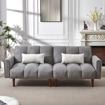 Multifunctional Futon Sofa Bed, With Wooden Legs, 2 Pillows, Convertible Upholstered Guest Sleeper, Adjustable Couch Sleeper