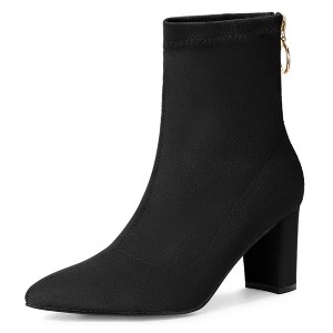 Allegra K Women's Pointed Toe Back Zipper Chunky Heels Ankle Boots - 1 of 4