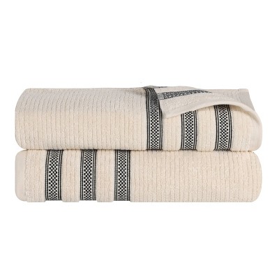 Zero Twist Cotton Ribbed Modern Geometric Border Bath Sheet Set of 2 by Blue Nile Mills