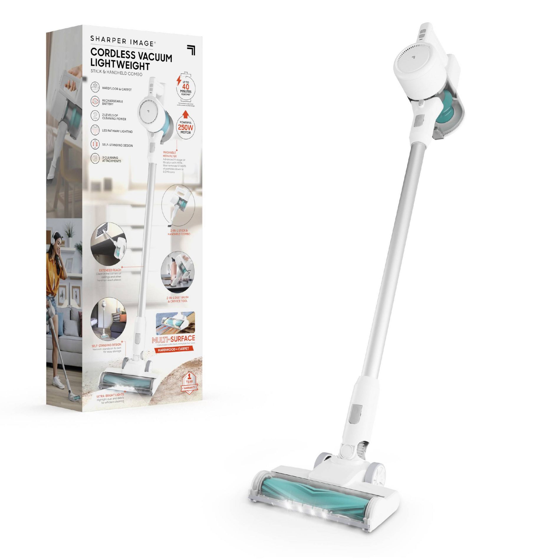 Sharper Image 2-in-1 Brushed Motor Cordless Stick and Handheld Vacuum White