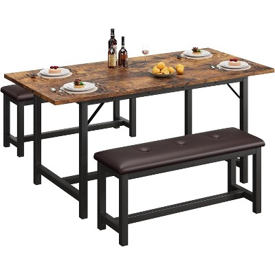 3-Piece 63" Dining Table Set for 4-6, Extendable Kitchen Table Set with 2 Upholstered Benches, For Home Kitchen