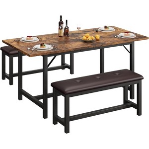3-Piece 63" Dining Table Set for 4-6, Extendable Kitchen Table Set with 2 Upholstered Benches, For Home Kitchen - 1 of 4