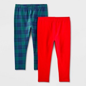 Girls' Adaptive 2pk Plaid Capri Leggings - Cat & Jack™ Red/Green - 1 of 3