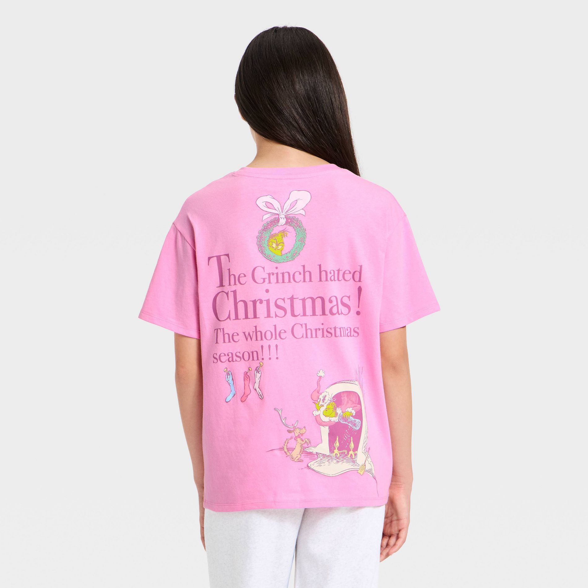 Girls' The Grinch Who Stole Christmas Oversized Front and Back Graphic T-Shirt - Pink