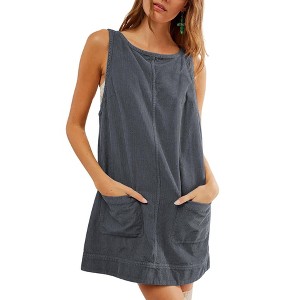 Coolmee Women Summer Mini Dress Corduroy Overall Dress Round Neck A Line Skirtall Jumper Mini Dress Pinafore with Pockets - 1 of 4