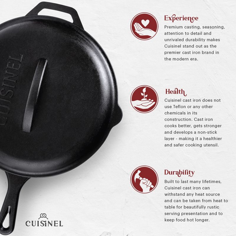 Cuisinel Cast Iron Skillet with Lid - 12"-inch Pre-Seasoned Covered Frying Pan Set + Silicone Handle & Lid Holders + Scraper/Cleaner, 3 of 5