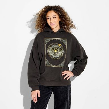 Women's Fourth Wing Fleece Hooded Graphic Pullover Sweatshirt - Black XXS