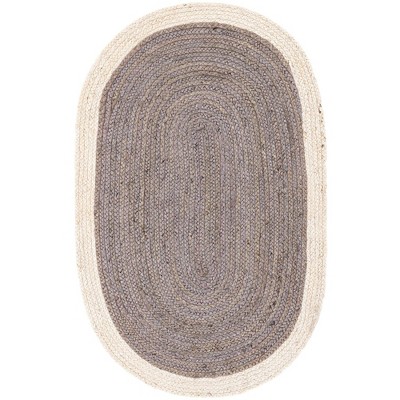 Handmade Gray and White Braided Oval Jute Rug 9' x 12'