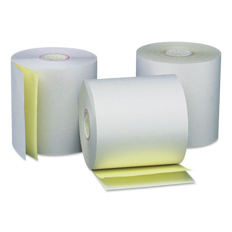 UNIVERSAL Carbonless Paper Rolls White/Canary 3" x 90 ft 50/Carton 35767, 1 of 3