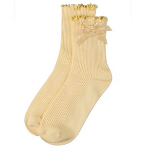 Memoi Women's Cotton Rich Lettuce Edge Bow-Trimmed Ankle Sock Pale Yellow 9-11 - 1 of 2