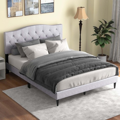 Costway Queen Size Upholstered Platform Bed Linen Bed Frame With Button ...