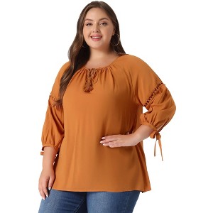 Agnes Orinda Women's Plus Size Tie Tassel V Neck Hollow Bowknot Long Sleeve Casual Blouses - 1 of 4