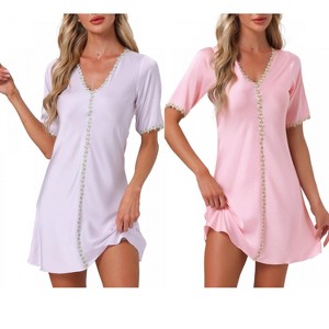 INSPIRE CHIC Women's 2 Pcs Floral Satin Sleep Dress A-Line Soft V-Neck Short-Sleeve Loungewear - 1 of 4
