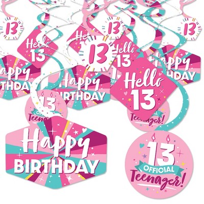 Big Dot of Happiness Girl 13th Birthday - Official Teenager Birthday Party Hanging Decor - Party Decoration Swirls - Set of 40