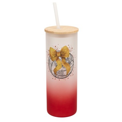 Elanze Designs 25 Ounce Frosted Glass Gradient Travel Tumbler With Straw and Wooden Lid, Volleyball Red Paint Splatter Red