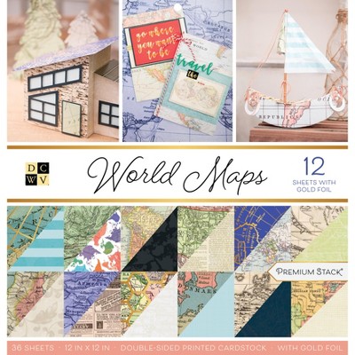 DCWV Double-Sided Cardstock Stack 12"X12" 36/Pkg-World Maps W/Foil Accents