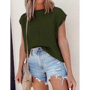 Womens Summer Cap Sleeve Tops Trendy Casual Crew Neck Knit Lightweight Sweater Pullover Top - 1 of 4