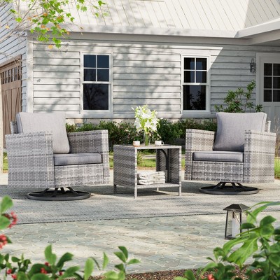Sonkuki 3-Piece Patio Chair Set Brown Rattan Swivel Rocking Chair Set Coffee Table Suiting Backyard