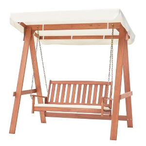 Costway Wood Porch Swing with Canopy Outdoor Patio 2-Seat Swing Bench with Cushions Backyard - 1 of 4