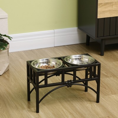 Elevated Double Stainless Steel Pet Feeding Station with Iron Frame