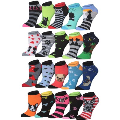 Tipi Toe Women's 20 Pairs Casual Fun Colorful Cat's & Dog's Fun Patterned Low Cut/No Show Socks