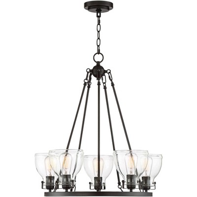 Possini Euro Design Bronze Wagon Wheel Pendant Chandelier 24 1/2" Wide Industrial Clear Glass 5-Light Fixture Dining Room House