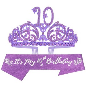 Meant2tobe 10th Birthday Sash & Tiara For Girls - Glitter Sash, Purple Rhinestone Metal - 1 of 4