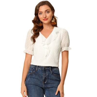 Allegra K Women's Elegant Ruffle V Neck Short Sleeve Swiss Dots Chiffon Blouse