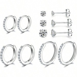 Sterling Silver Hoop Earrings Sterling Silver Stud Earrings for Women 6 Pairs Hypoallergenic Tiny Cubic Zirconia Stud Set Cartilage Hoops - 1 of 4