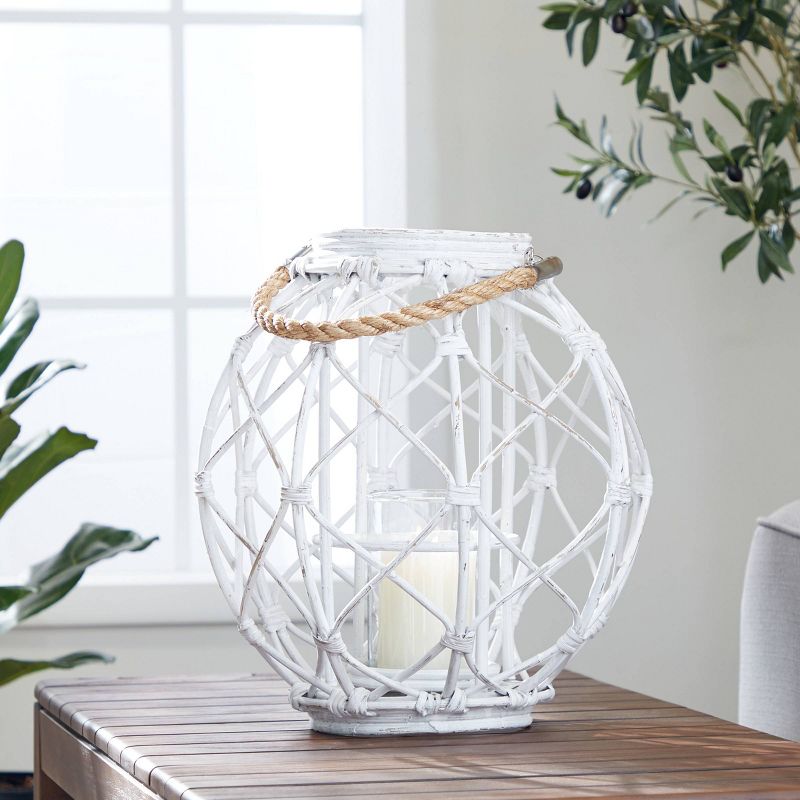 15&#34; x 15&#34; Woven Rattan/Glass Lantern with Burlap Jute Rope Handle White - Olivia &#38; May, 3 of 7