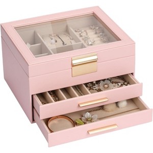 3-Layer Jewelry Box with Glass Lid & Drawers, Multi-Color Organizer for Necklaces, Rings & Earrings - 1 of 4