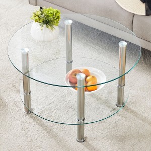 Kumasinova Exquisite Contemporary 2-Tier Coffee Table, Reinforced Tempered Glass Tabletop Center Table with Stainless Gold/Silver-Plated Steel Legs - 1 of 4