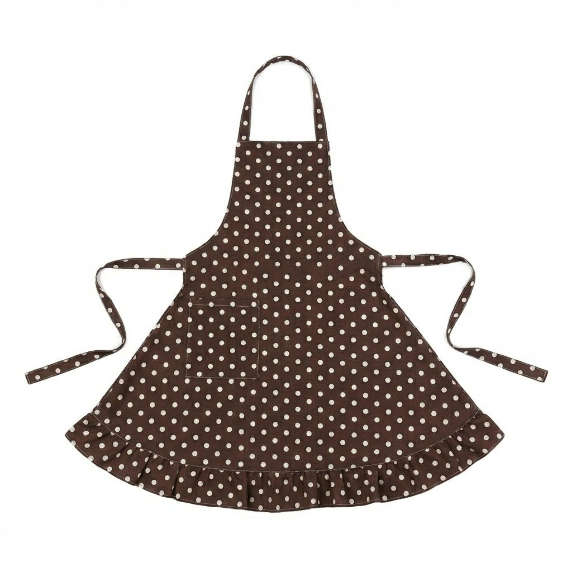 Alilang Polka Dot Kitchen Apron with Adjustable Neck Strap Front Pocket and Ruffled Hem - Coffee