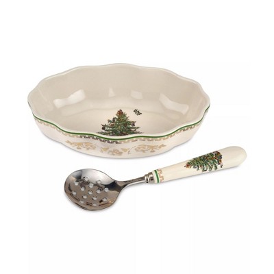 Spode Cranberry Dish & Server (Set of 2) - 8" Ceramic Festive Serving Bowl & 8" Metal Handled Spoon - Dishwasher Safe Christmas Tableware
