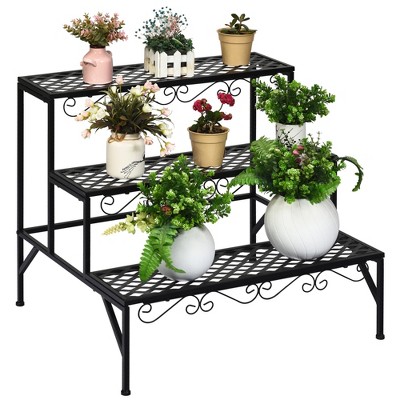 Black Steel 3-Tier Ladder Plant Stand with Decorative Patterns