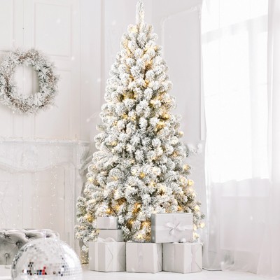 DOMETOUR Pre-lit Snow Flocked Christmas Tree Artificial Xmas Tree with Branch Tips and Warm Incandescent Lights