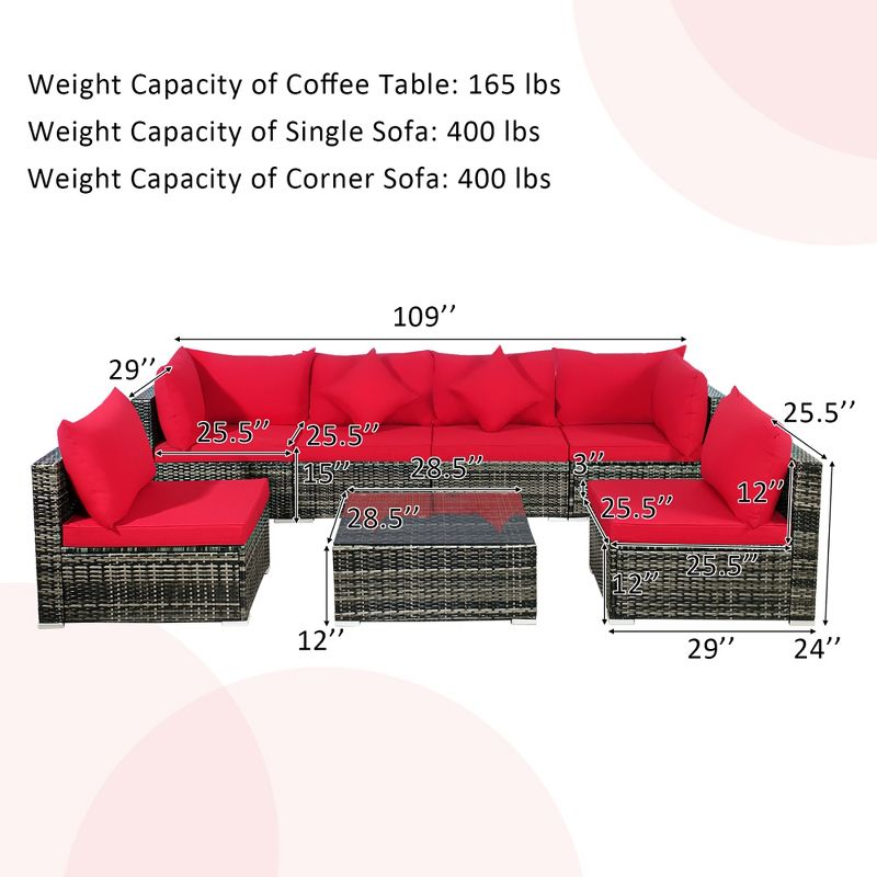 Costway 7PCS Patio Rattan Furniture Set Sectional Sofa Garden Red Cushion, 3 of 11