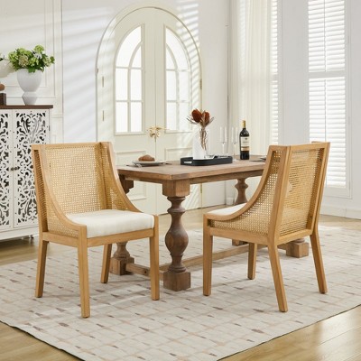 Rattan Dining Chairs Set of 2 with Rubberwood Frame, Cane Upholstered Side Chairs - ModernLuxe