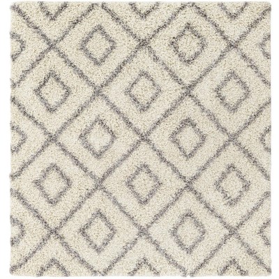 Ivory and Gray Square Trellis Shag Synthetic Rug