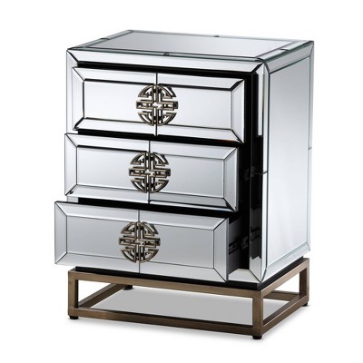 Chinoiseries Antique Bronze Mirrored 3-Drawer Nightstand