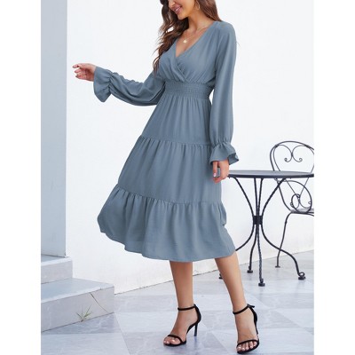 Women's Casual Wrap V Neck Midi Dress Long Sleeve Smocked Waist Tiered A Line Pleated Flowy Long Dress