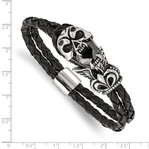 Chisel Stainless Steel and Enameled Skull with Black Glass 2 Strand Braided Black Leather 8.5" Bracelet - 1 of 4